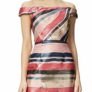 Adrianna Papell SMALL Womens Pink Off-The-Shoulder Striped Mini Dress 2